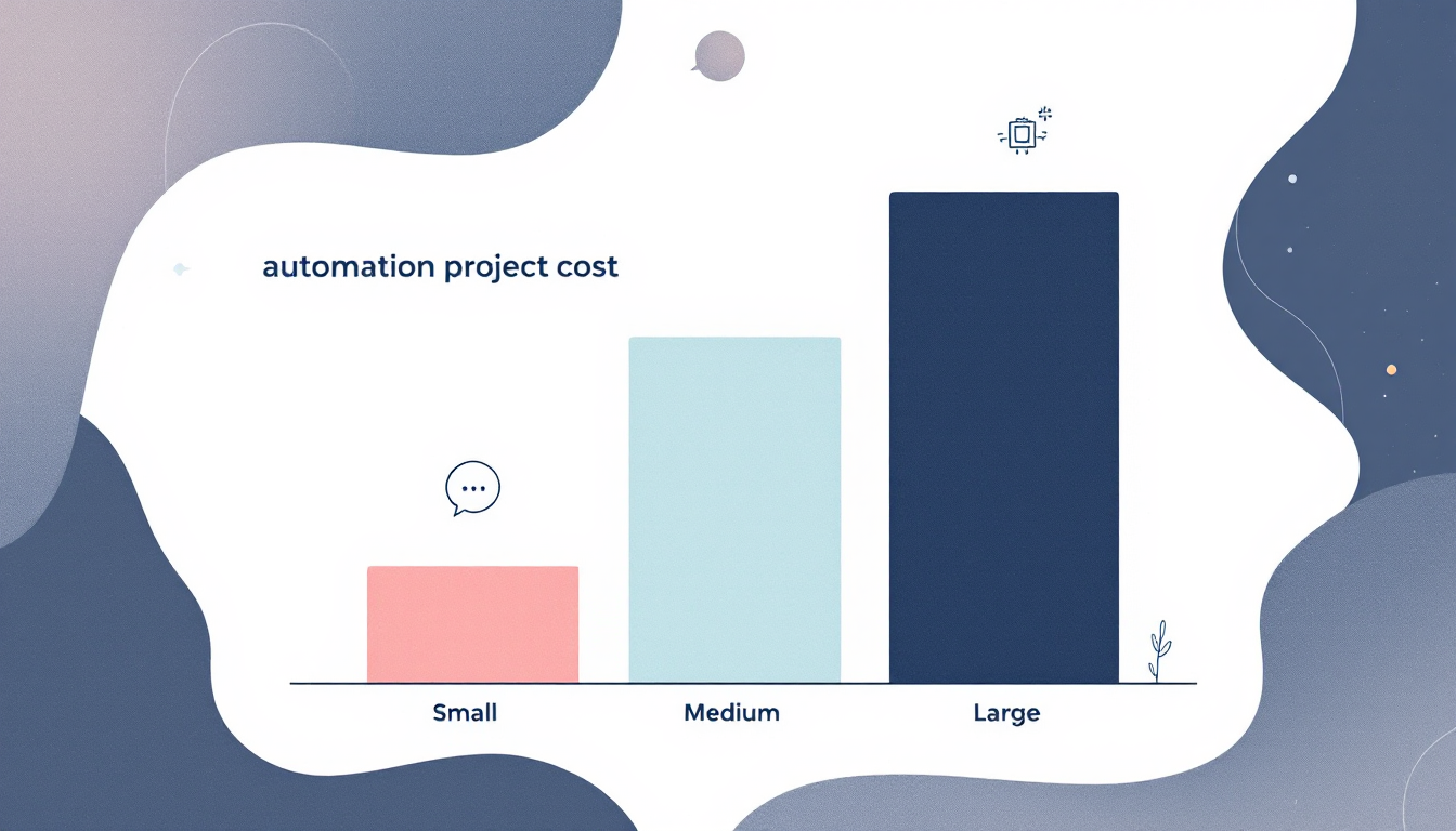 Tiered AI automation project cost comparison — small, medium, and large project categories shown as scaling bars from chatbot scope to custom assistant builds