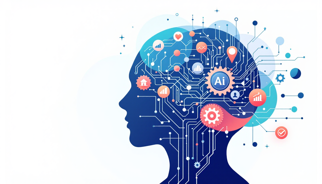 AI automation for business — stylized brain with circuit lines intersecting business icons representing SMB growth, efficiency, and strategy